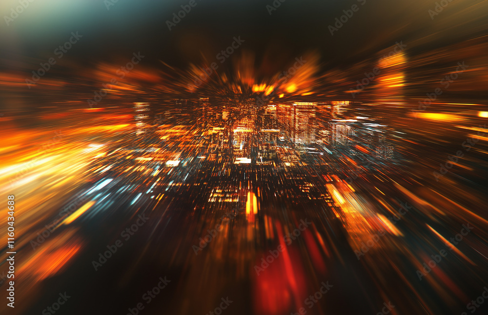 Poster 4-abstract cityscape background featuring bokeh lights and glowing neon effects on a dark red gradie