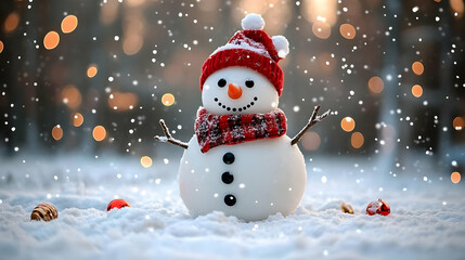 Illustration - Snowman in Snowy Scene with Festive Ornaments