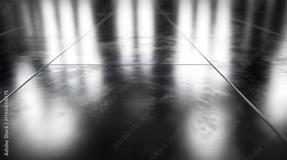 Poster a reflective black tiled floor with soft lighting creating a serene atmosphere.