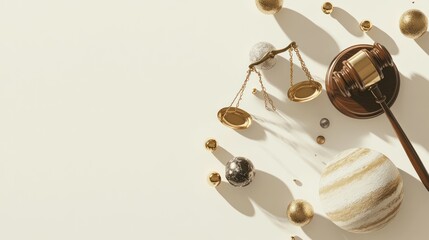 Obraz premium Gavel, scales, planets & spheres on white.