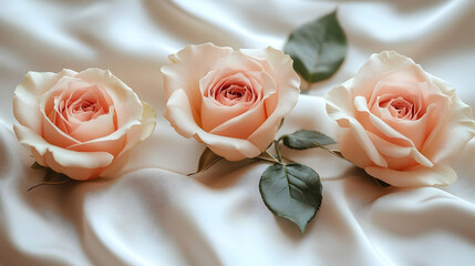 Photo Peach Roses, White Silk Background, Floral, Romantic, Soft, Elegance, Delicate, Pastel, Blossom, Bloom
