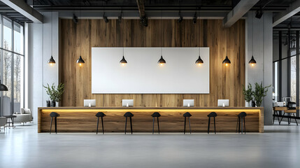 Illustration of Modern Office Interior Design with Wooden Wall and Bar