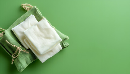 Eco-friendly reusable cotton pads in a cloth bag on a green background. The concept of caring for the environment, no plastic and zero waste. Eco products for hygiene. Web banner, copy space