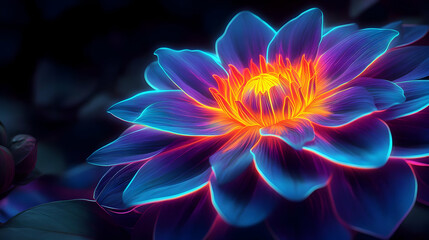 Fototapeta premium Illustration - Neon Bloom, Flower, Abstract, Colorful, Glowing, Petals, Dark, Vibrant, Nature, Art