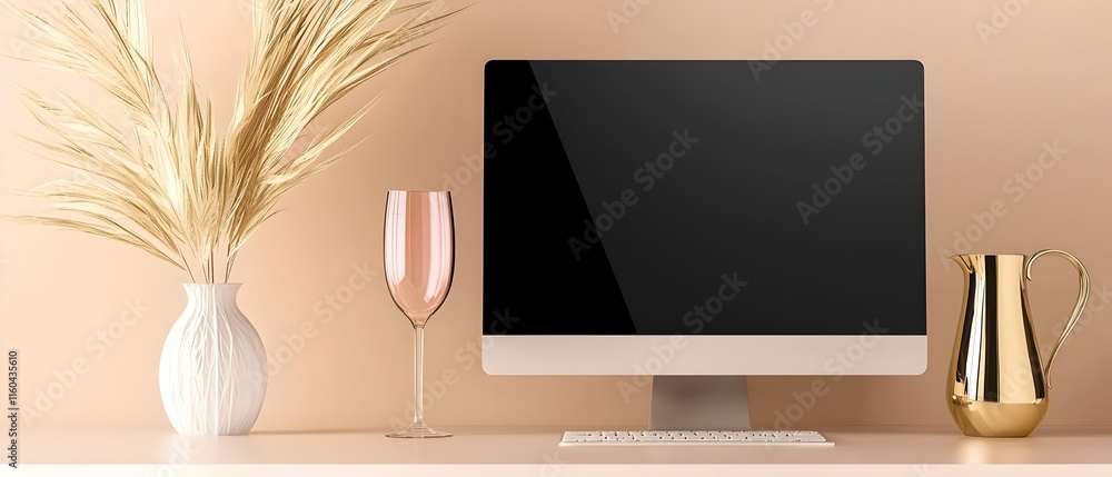 Poster a computer monitor is on a table next to a cup