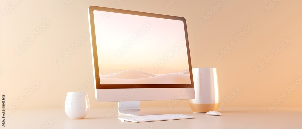 Poster a computer monitor is on a table next to a cup