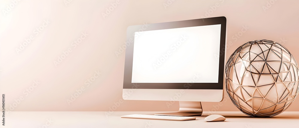 Poster a computer monitor is on a table next to a cup