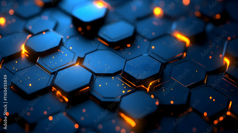 Poster a close-up of hexagonal patterns with glowing accents on a dark background.