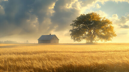 Photo - Golden Wheat Field, Abandoned House, and Majestic Tree at Sunrise