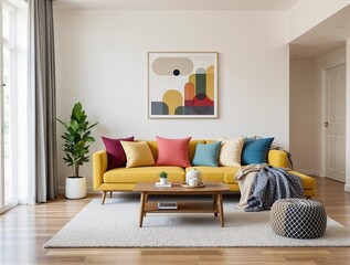 Minimalist home interior design of modern living room with a yellow sofa adorned with colorful cushions, wooden coffee table and minimalistic decor, bathed in natural light.