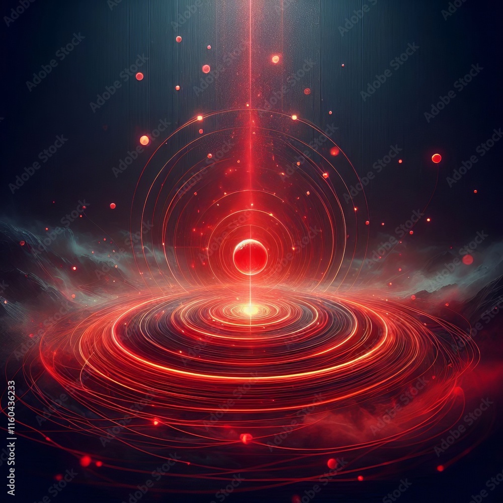 Poster an abstract red pedestal with swirling patterns and glowing energy in space, creating a motion-fille