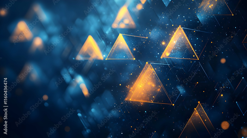 Poster abstract digital art featuring glowing triangles in a blue and orange color scheme.