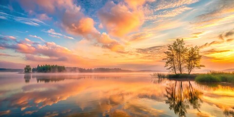 Obraz premium Serene Sunrise Over Misty Lake with Silhouetted Trees and Colorful Clouds Reflecting on Calm Water