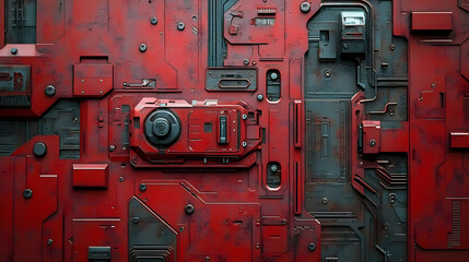 Abstract red and gray industrial panel with intricate details and textures.