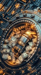 A vault filled with cash, surrounded by a high-tech background, symbolizing wealth and security.
