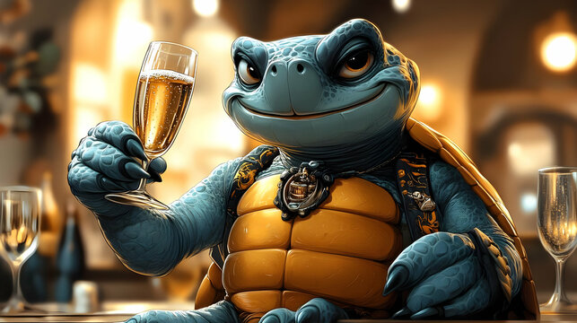Illustration of Turtle with Champagne, Restaurant, Celebration