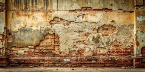 A weathered brick wall with crumbling plaster, revealing aged brickwork and a worn base.