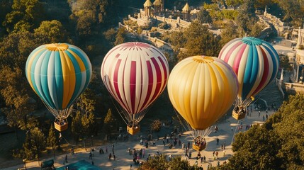 Fototapeta premium Colorful Hot Air Balloons Floating Over Scenic Park Landscape