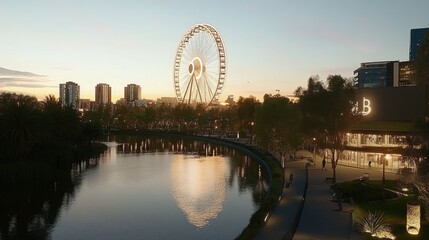 Obraz premium Sunset Reflections of Ferris Wheel Over Calm River in Cityscape