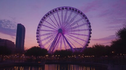 Stunning Ferris Wheel at Dusk with Vibrant Purple Lighting