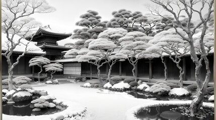 モノクロ　日本庭園