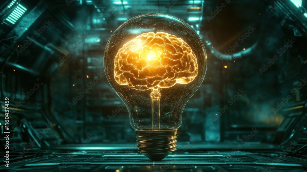 Aufkleber light bulb with glowing brain concept in futuristic setting