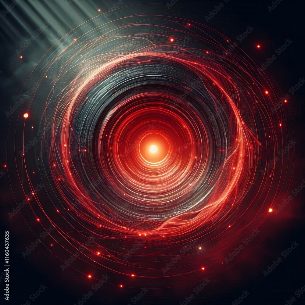 Poster abstract red background with swirling patterns and glowing red circles against a dark backdrop creat