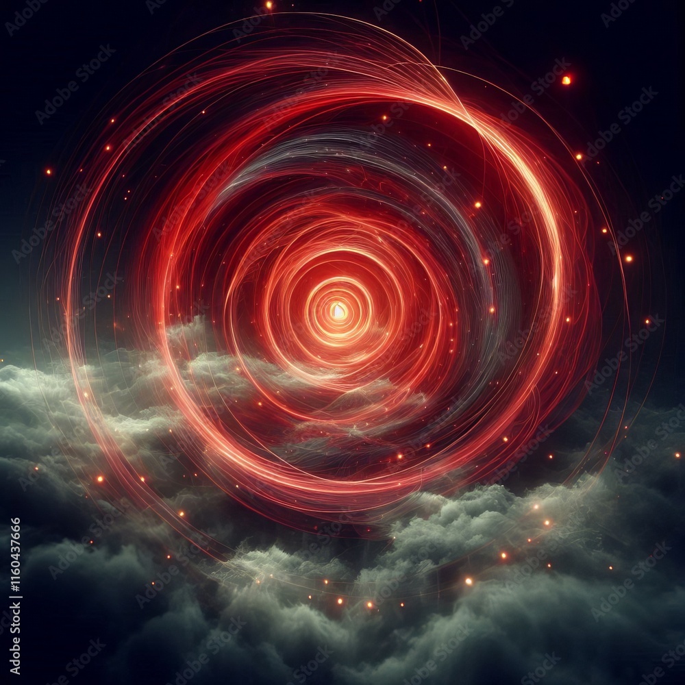 Poster abstract red background with swirling patterns and glowing red circles against a dark backdrop