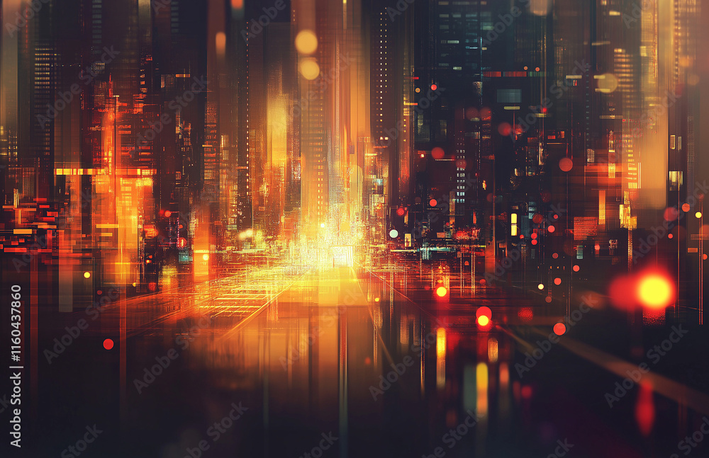 Poster 4-abstract cityscape background featuring bokeh lights and glowing neon effects on a dark red gradie