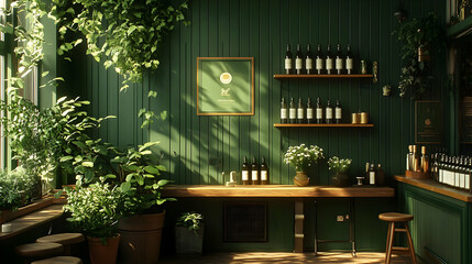 3D Illustration Green Cafe Interior Design, Sunlight, Plants, Bottles