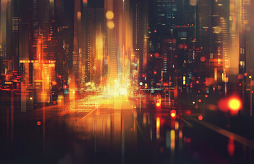 Obraz premium 4-Abstract cityscape background featuring bokeh lights and glowing neon effects on a dark red gradient. Blurry digital city elements with pixel patterns create a vibrant, high-resolution design