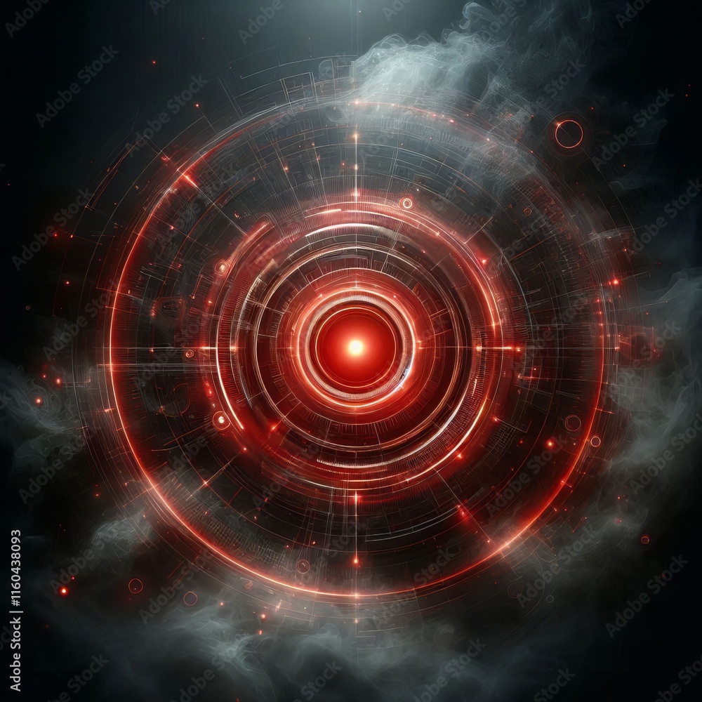 Poster abstract red background with swirling patterns and glowing red circles against a dark backdrop
