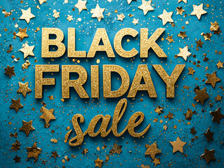 Glittery BLACK FRIDAY sale text bold dark blue yellow lettering sparkling star festive design advertising promotion discount holiday marketing campaign celebration banner clipart hand writing happy