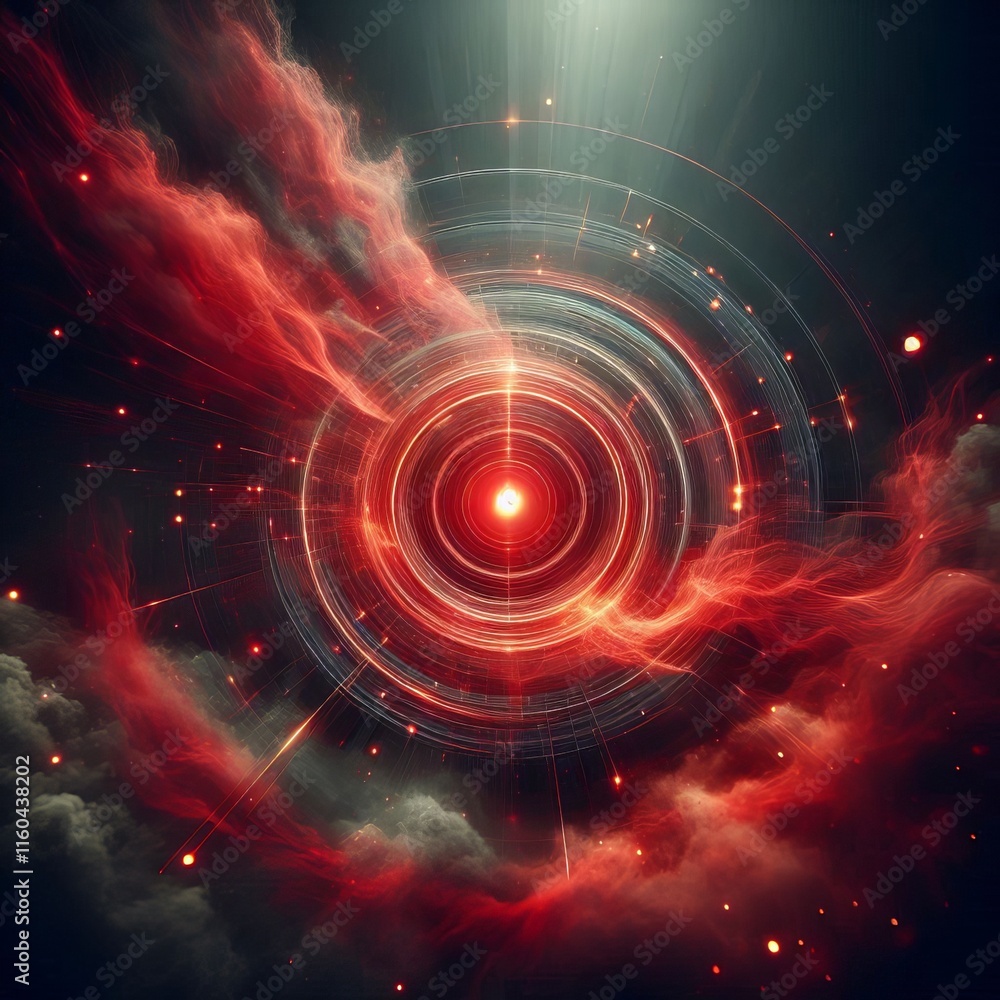 Poster abstract red background with swirling patterns and glowing red circles against a dark backdrop