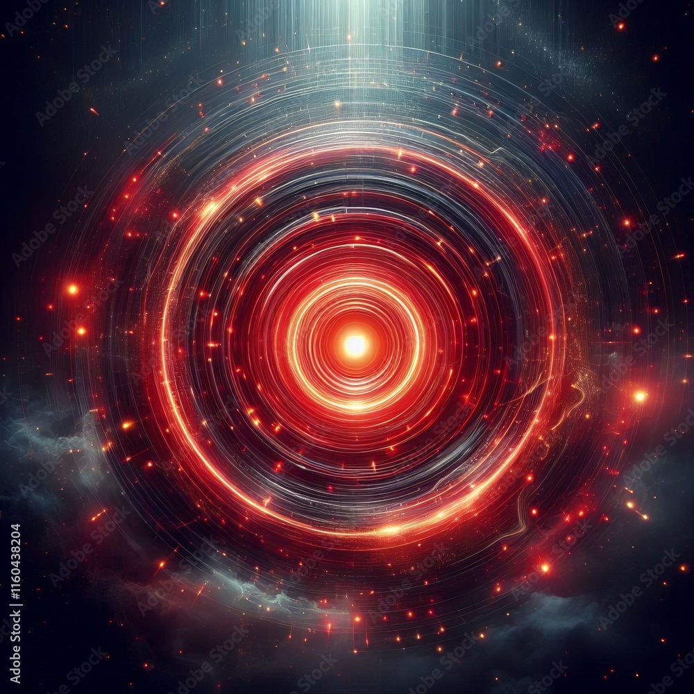 Poster abstract red background with swirling patterns and glowing red circles against a dark backdrop creat