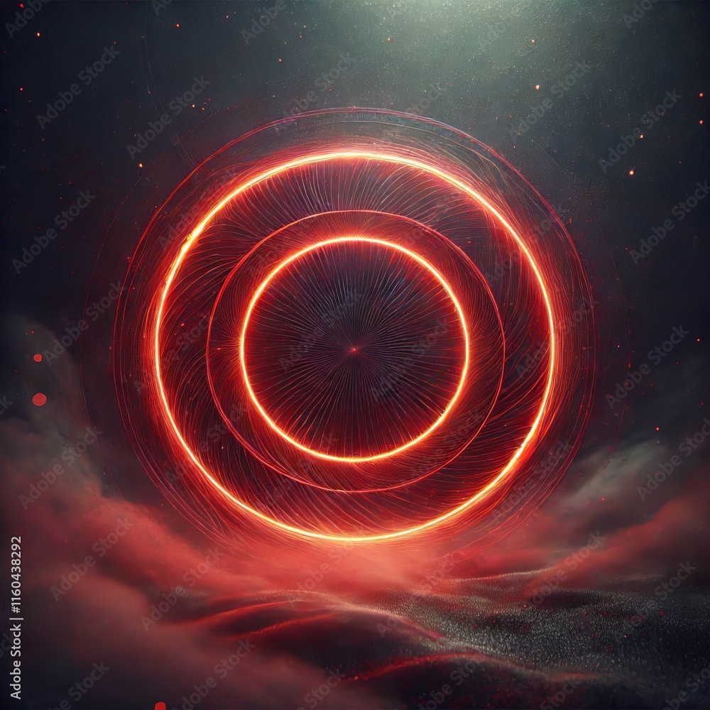 Poster abstract red background with swirling patterns and glowing red circles against a dark backdrop creat