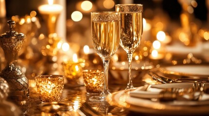 Elegant Golden Dinner Table with Champagne Toast