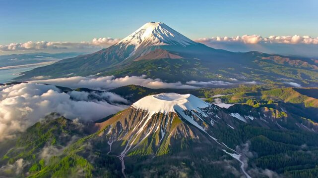Drone view of mount fuji above clouds