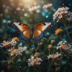 A butterfly with translucent, magical wings hovering over enchanted flowers.