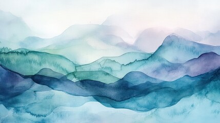 Abstract Watercolor Painting of Serene Blue Mountains