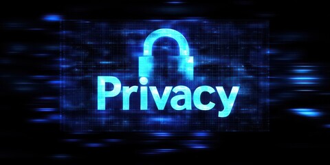 Glowing padlock icon with the text "Privacy" over a dark digital background.