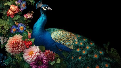 Fototapeta premium A beautiful peacock with vibrant plumage stands amidst a field of blooming flowers.