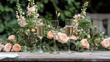Rustic Dinner Table with Champagne Glasses and Flowers
