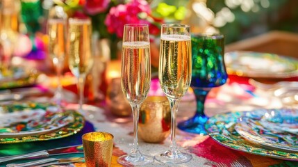 Elegant Vibrant Dinner Party Table with Champagne