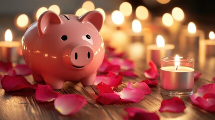 Pink piggy bank surrounded by candles and rose petals on wooden table