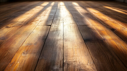 A close-up view of polished wooden floorboards illuminated by soft, natural light.