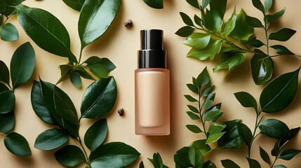 Photo - Natural Beauty Product with Green Leaves on Beige Background