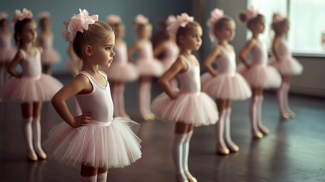 Young ballet girl. Child ballerinas, little girls in mid-dance, capturing dynamics of ballet lesson. Classical ballet school. Concept of art, sport, education, hobby, active lifestyle, leisure time.