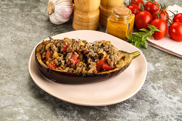 Baked eggplant stuffed meat and tomato
