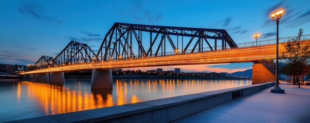 Obraz premium Brainstorming Deduction Progress type. Vibrant sunset view of a lit bridge over a calm river.